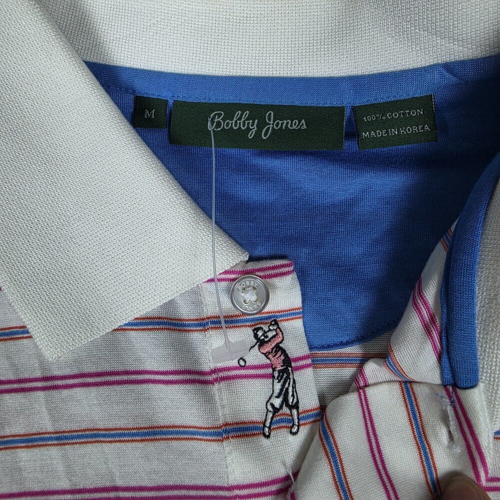 Bobby Jones Golf Polo Shirt Men Medium White Pink Blue Striped 100% Cotton Korea